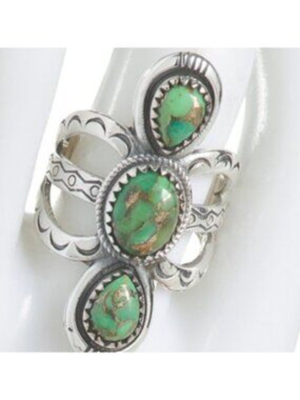 SHIVAM Made In India Silver Plated Brass Green Copper Turquoise Open Ring - Picture 3 of 3
